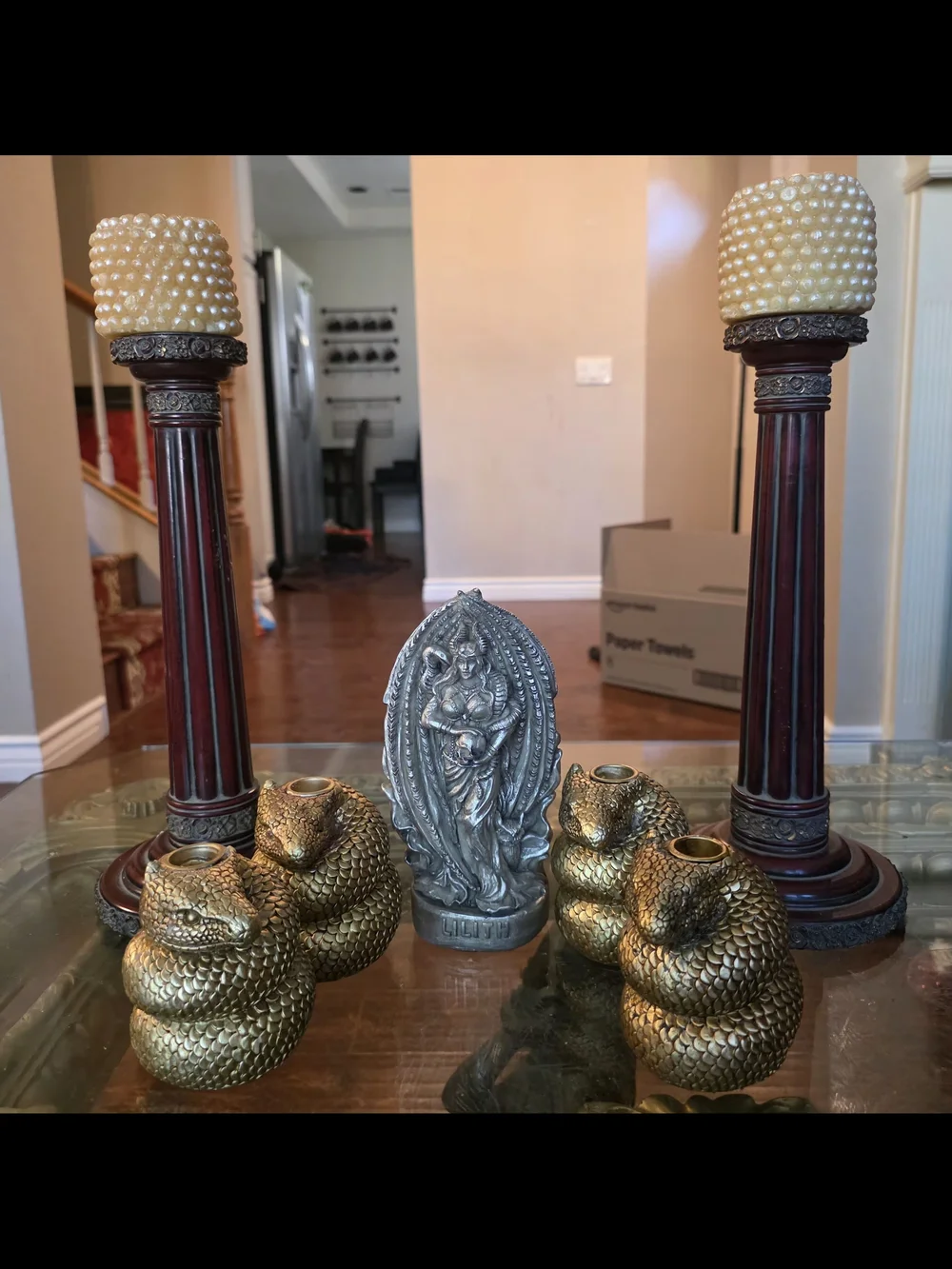 Gothic/Occult Decor Lot-Lilith Statue, Snake Candle Holders, Pearl-Design Candle